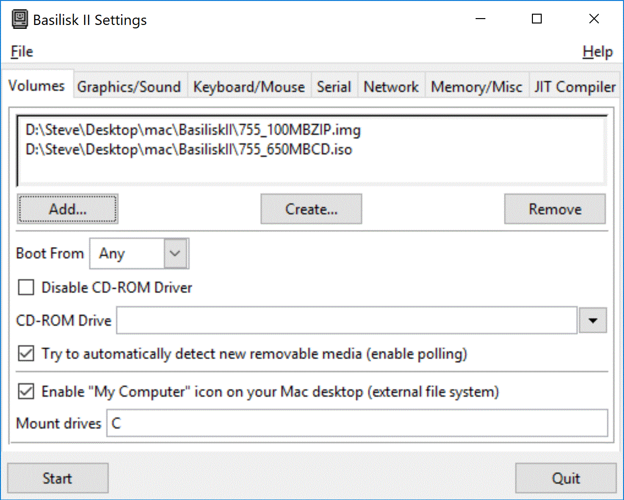 Basilisk II volume setup